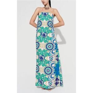 DE LORETA Aloe Cotton Maxi Dress Green Blue Strapless Geometric Women's Size M